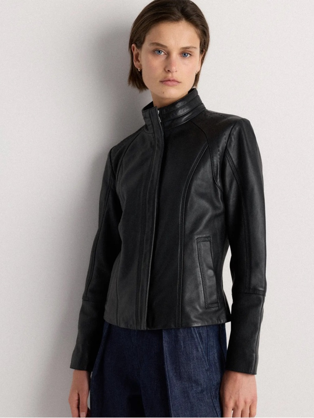 Quince 100% Leather Stand Collar Jacket Black Size Small Minimalist Moto Zip